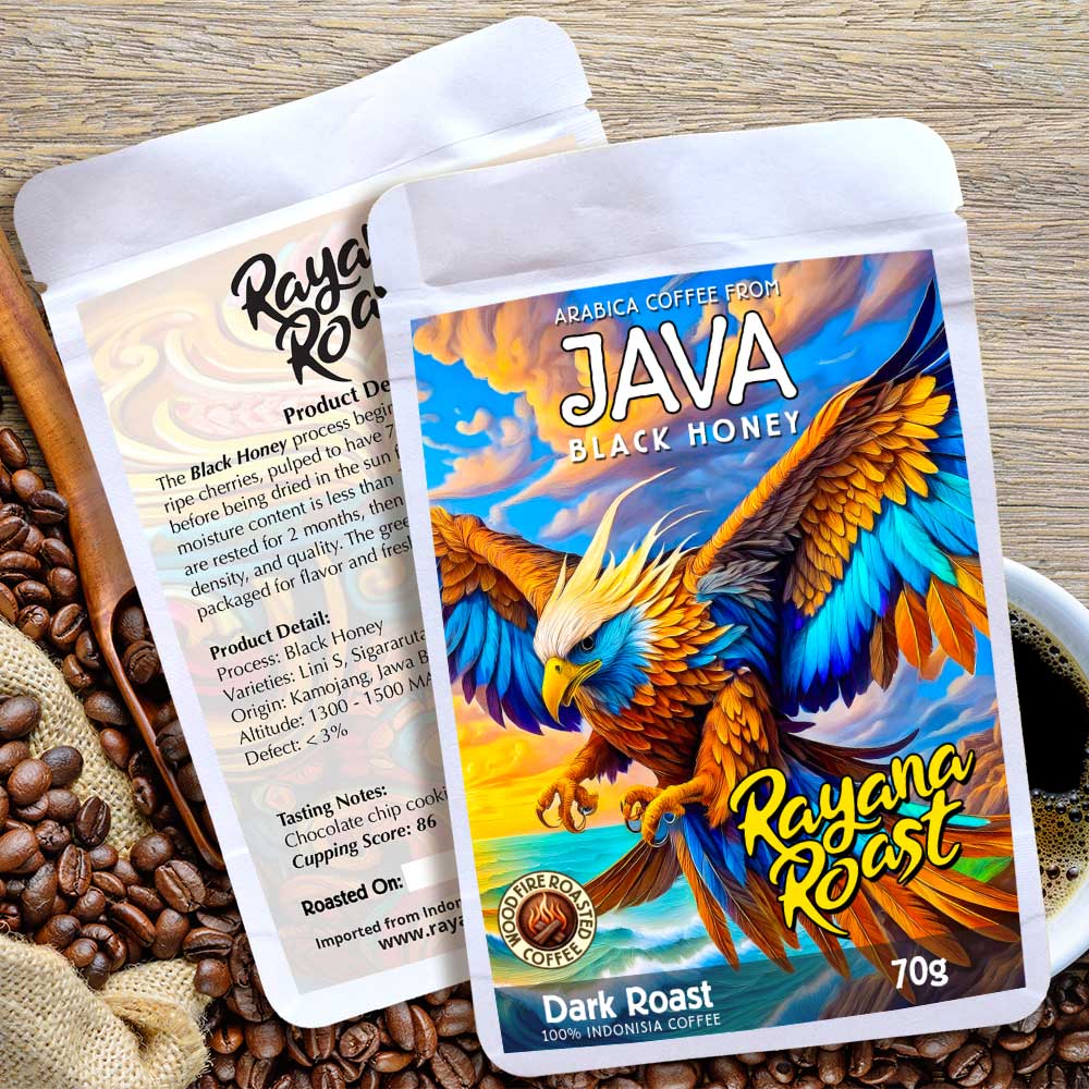 Java Black Honey coffee package with an eagle design on a wooden surface with coffee beans.