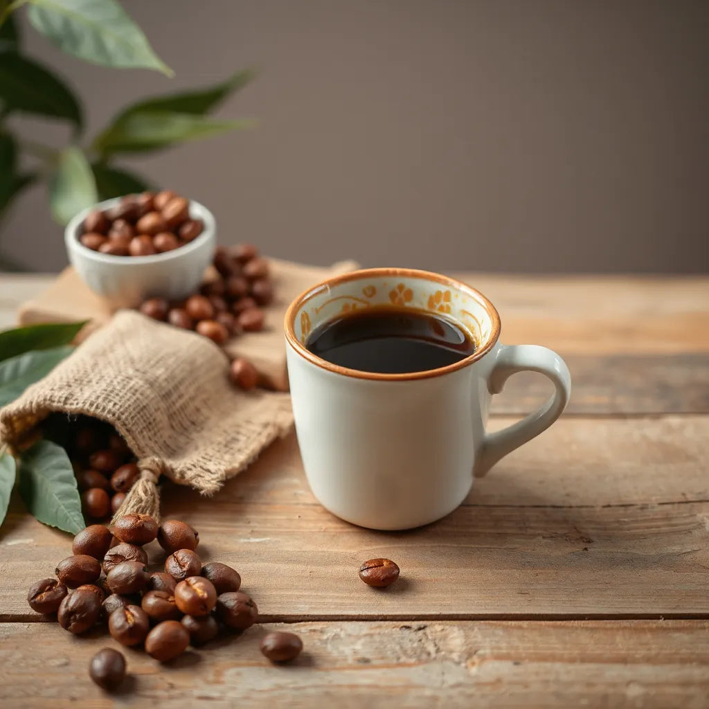 A steaming cup of coffee with Indonesian coffee cherries and beans on a wooden table