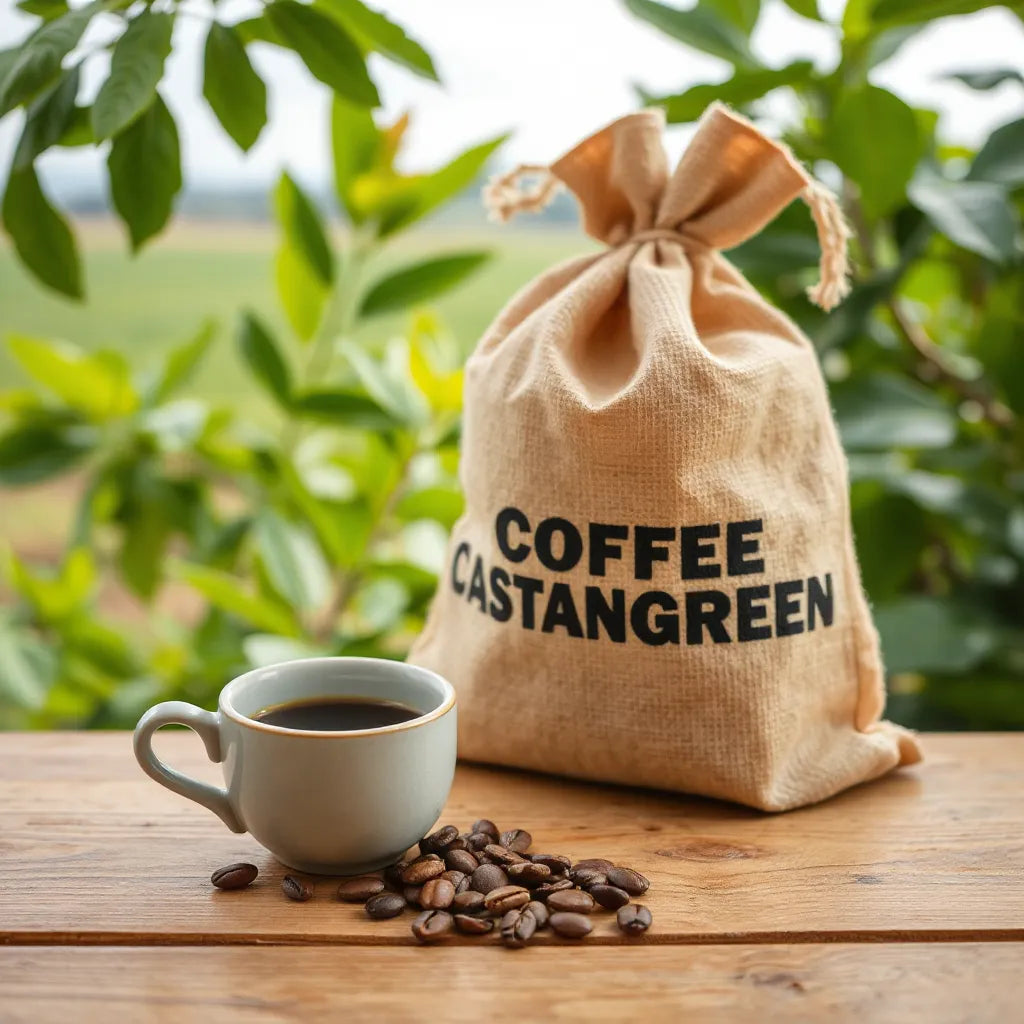 Fresh coffee in a ceramic cup with coffee beans and green coffee plant leaves in natural light