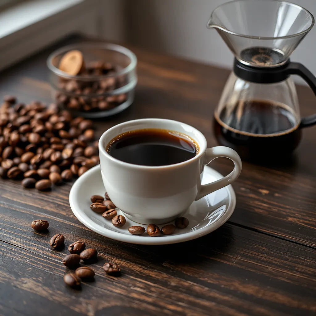 Cup of black honey coffee with roasted beans and a pour-over brewer on a dark wood surface