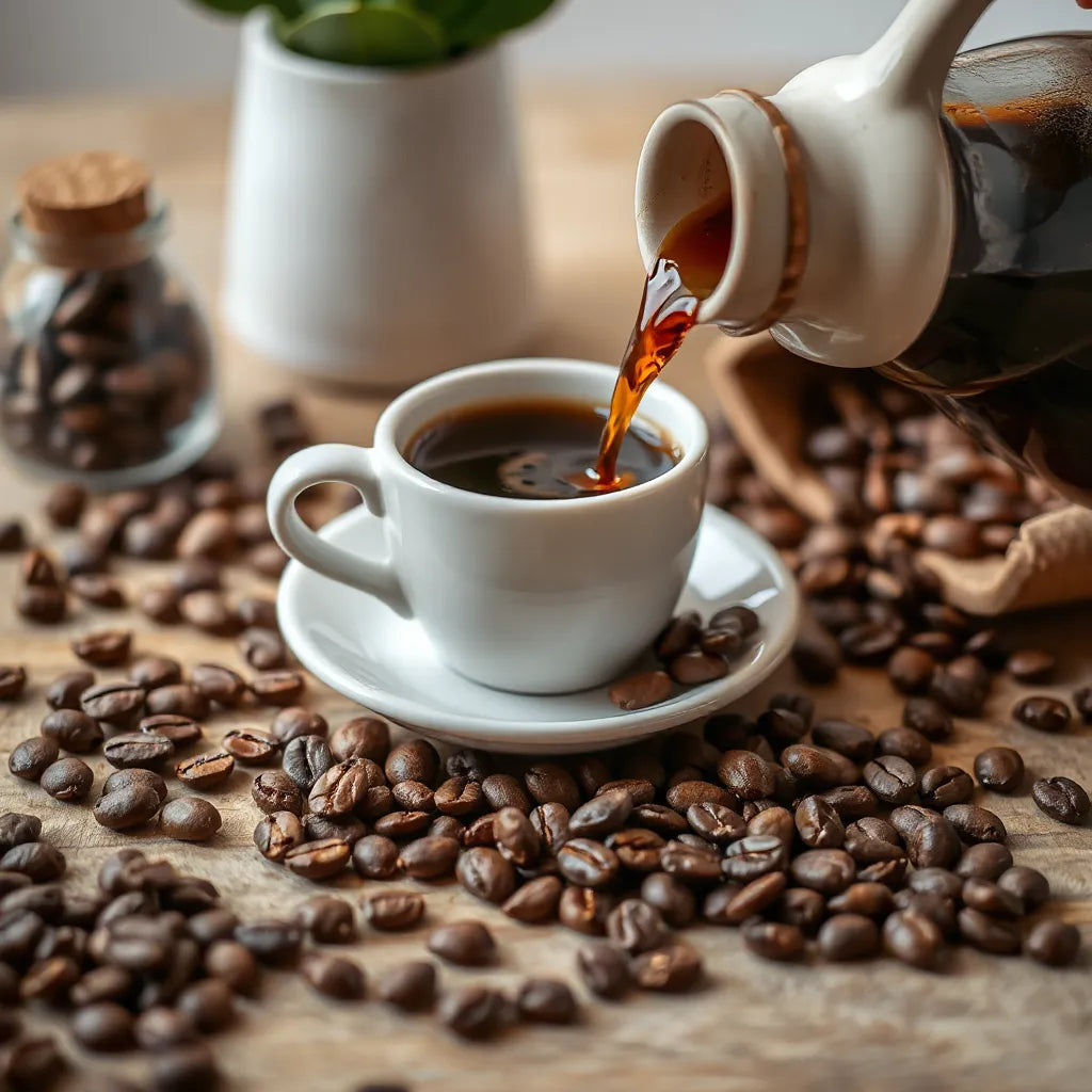 Freshly poured dark coffee with scattered Arabica beans on a wooden table under soft natural light
