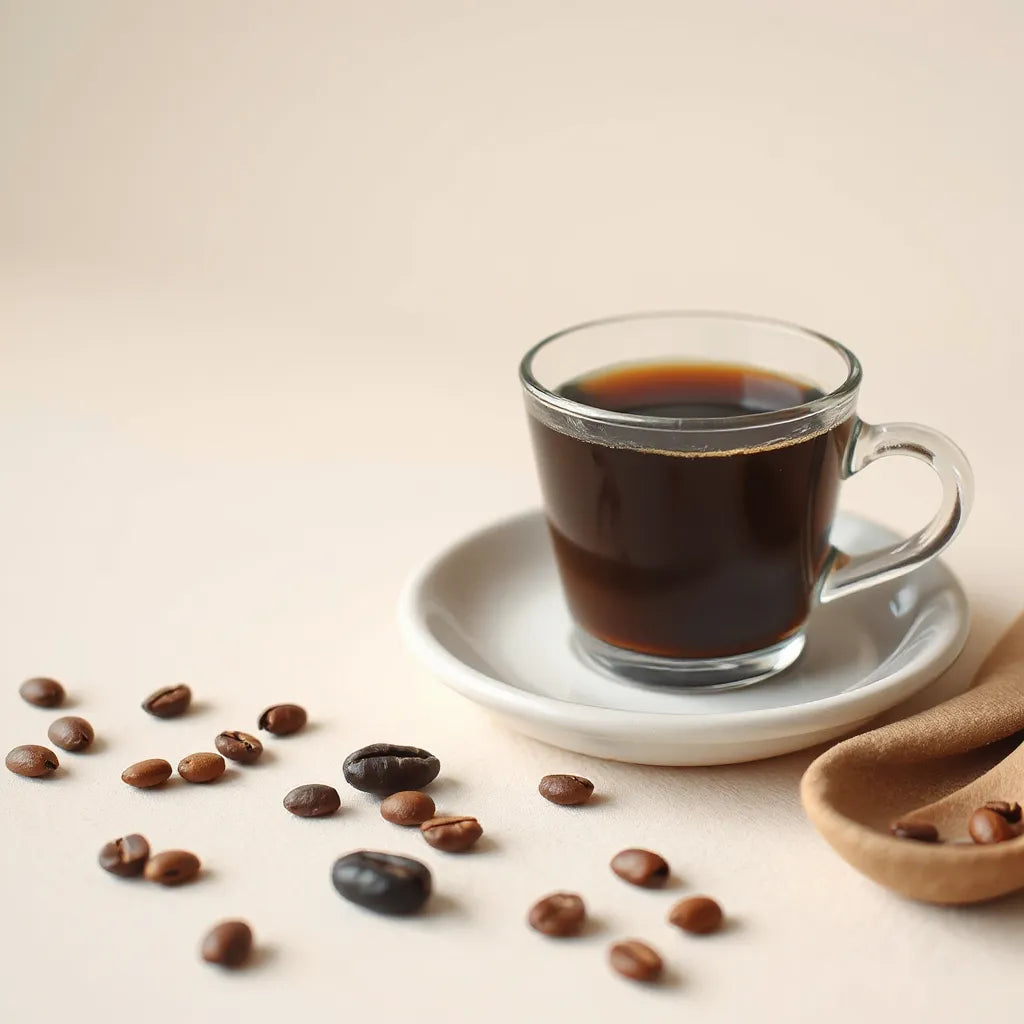 Cup of java coffee with roasted beans and subtle steam on a light background