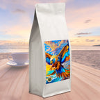 Coffee bag with Garuda's Crimson label on a beach sunset background