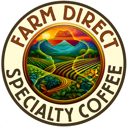 Logo of Farm Direct Giving Back with a scenic design and text.