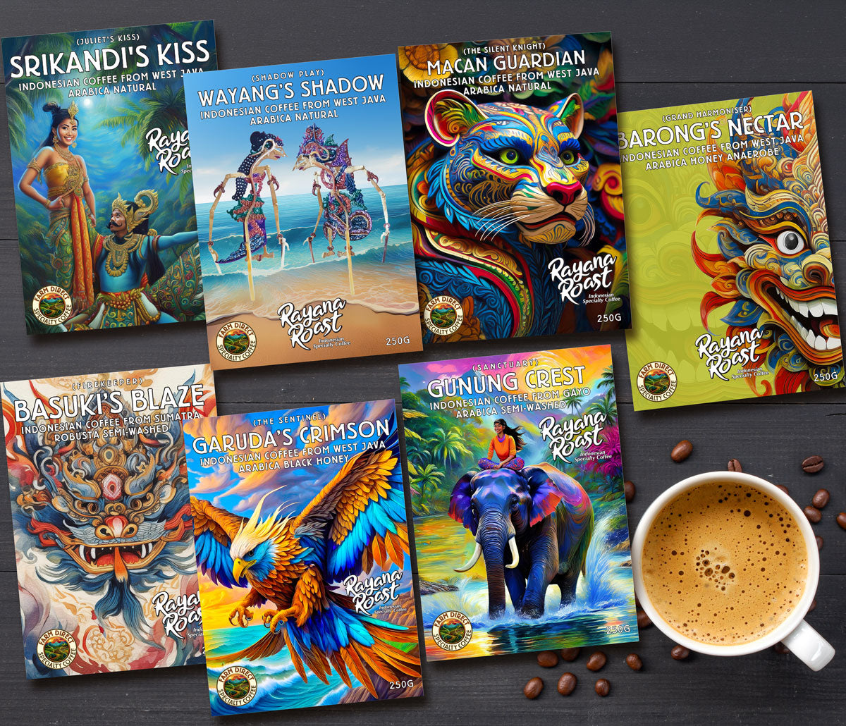 Collection of colorful coffee packaging with various designs and a cup of coffee on a dark surface.