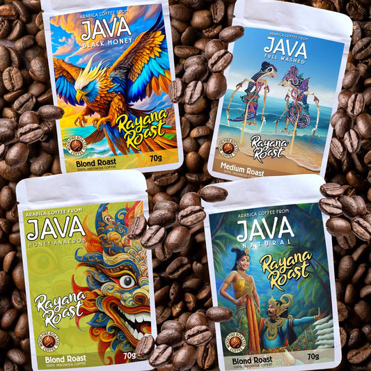 Four packages of Java coffee with colorful designs on a bed of coffee beans.