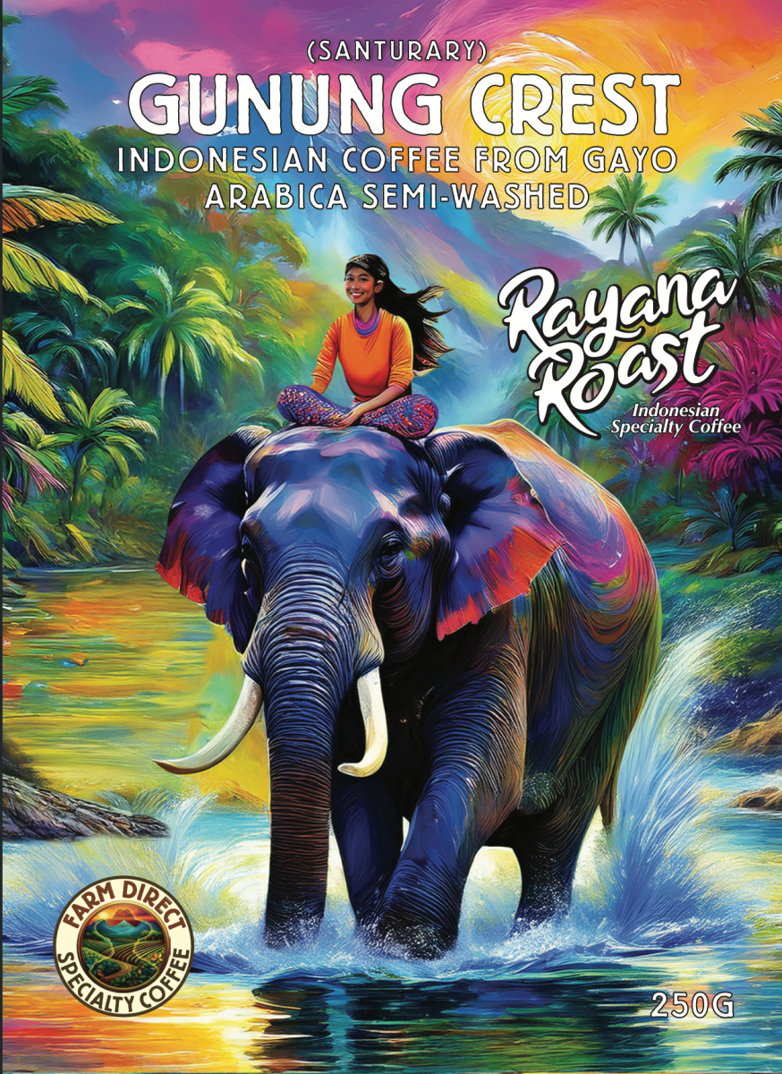 Coffee packaging with an and Indonesian girl riding an elephant through river in the jungle  design, colorful background, and 'Gunung Crest' branding.